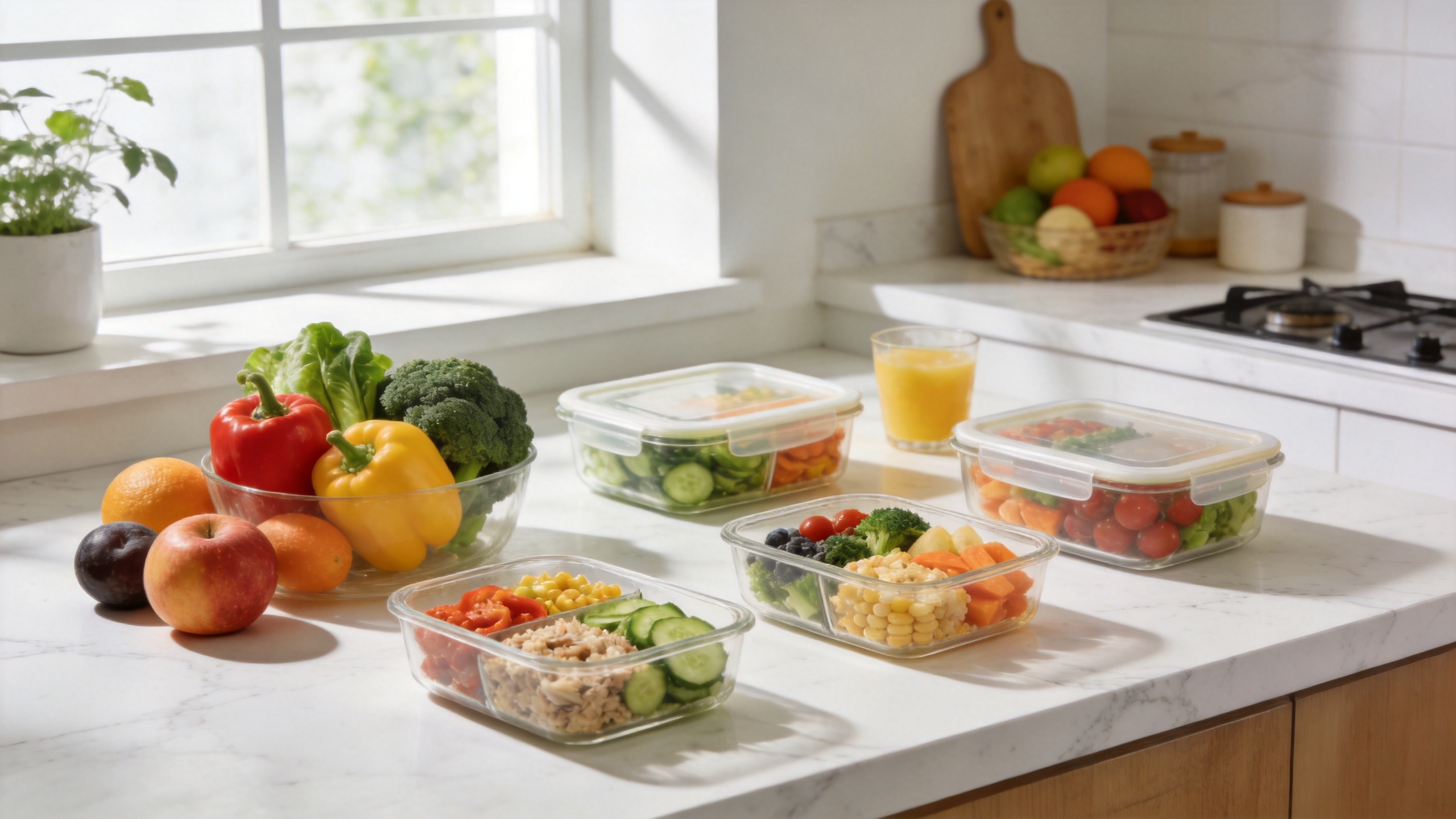 A bright kitchen counter with fresh vegetables and meal prep containers